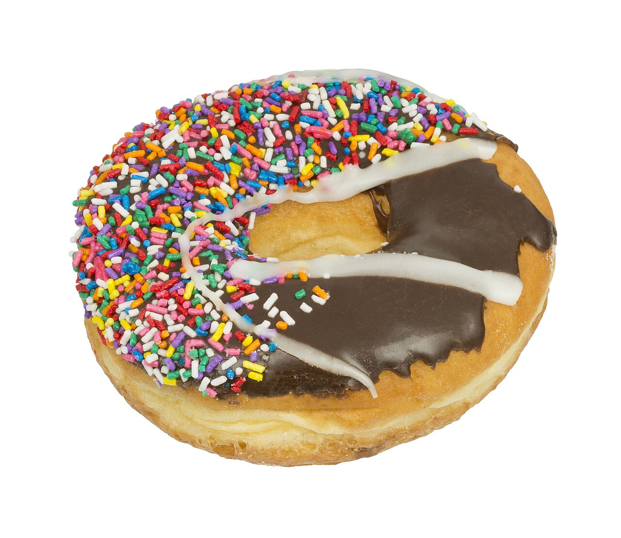 A donut with chocolate icing and rainbow sprinkles