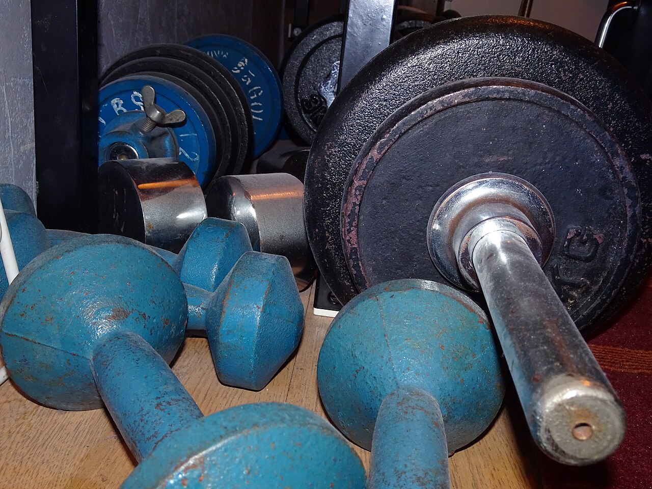 Dumbbells and weight plates on a gym floor