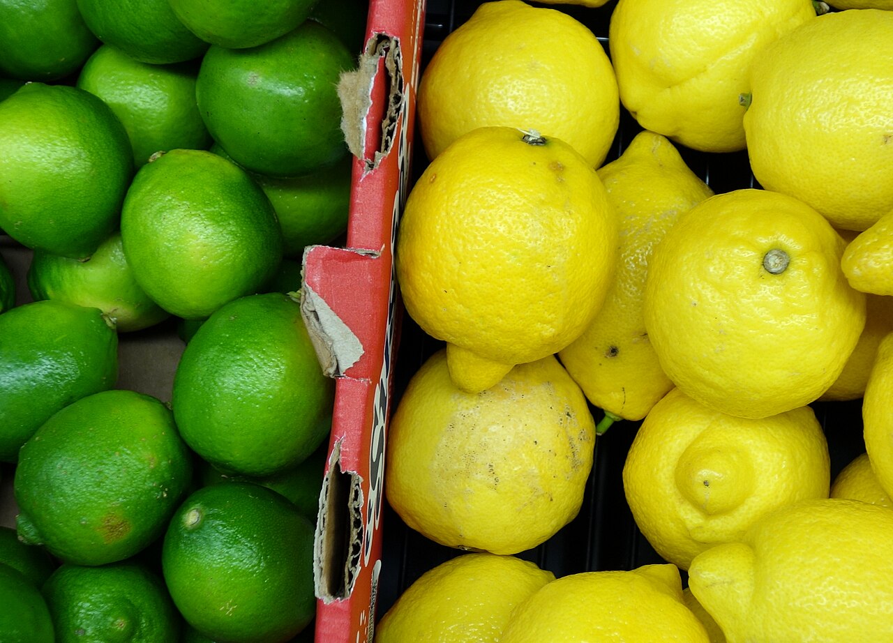 Limes and lemons side by side in market crates