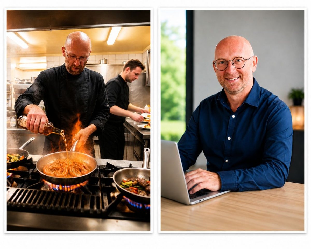 Vincent Gaillard en cuisine professionnelle, et aujourd&rsquo;hui devant son ordinateur