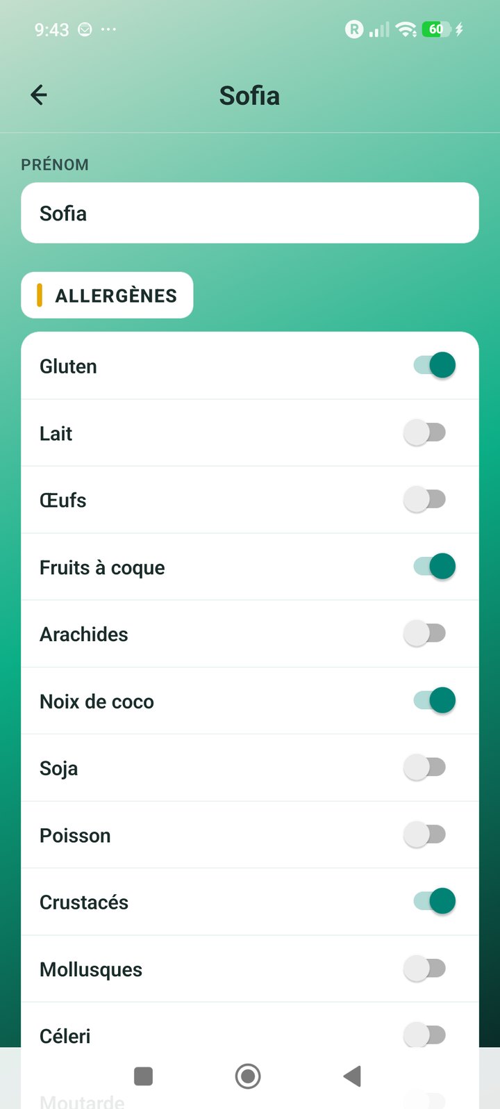 Sélection des allergènes dans NumelineFR