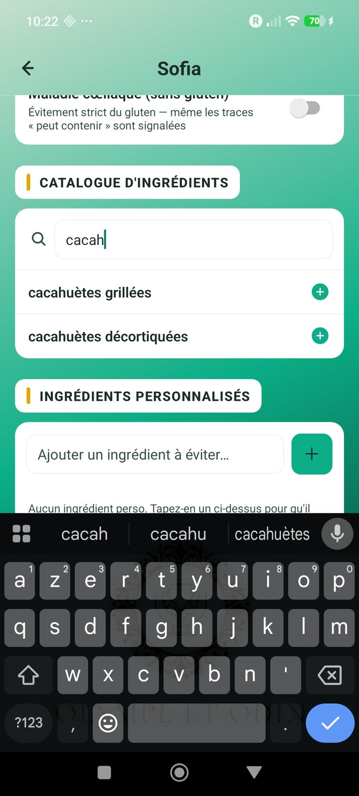 Recherche dans le catalogue d'ingrédients de NumelineFR