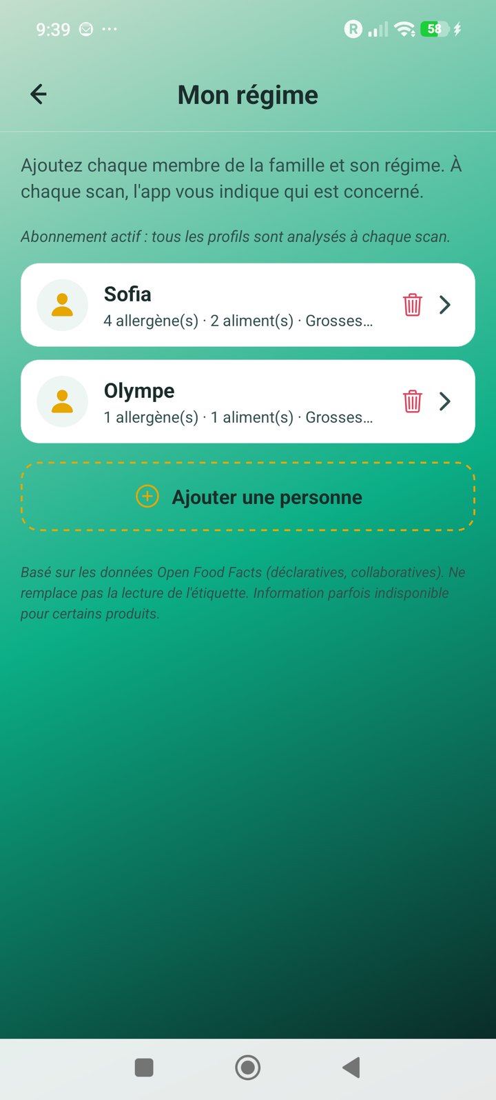 Liste des profils de la famille dans NumelineFR