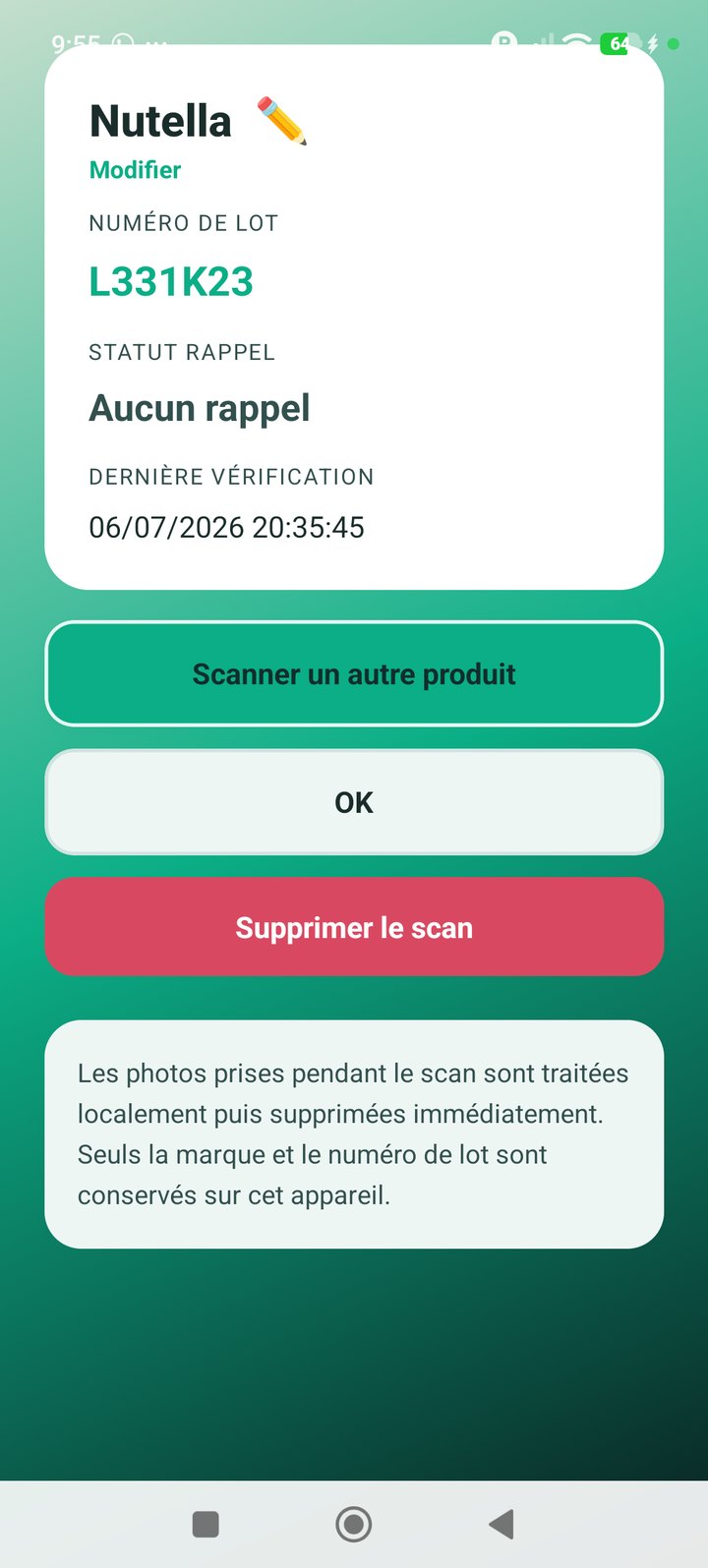 Résultat d'une vérification : aucun rappel trouvé