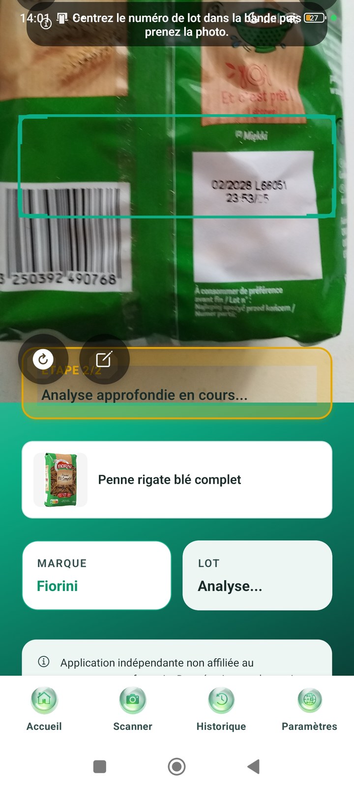 Lecture du numéro de lot sur l'emballage