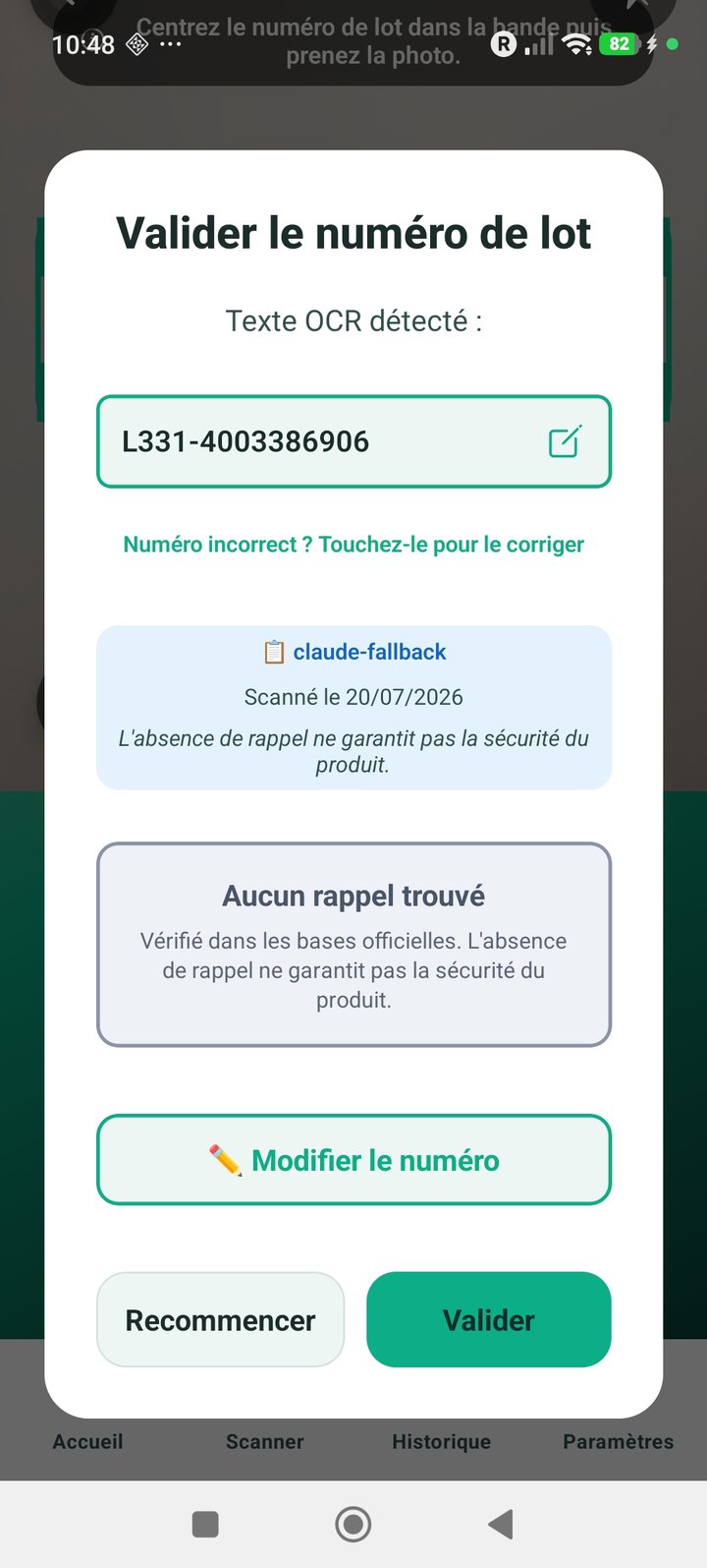 Validation du numéro de lot et statut du rappel