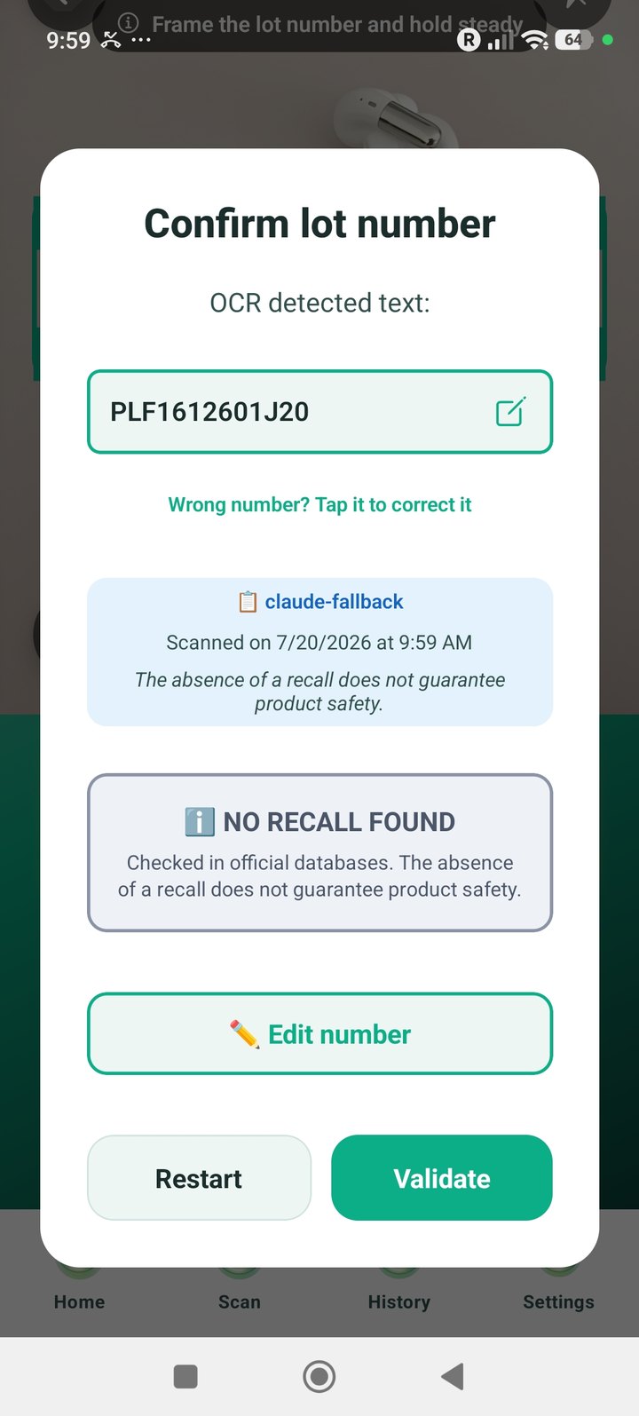Lot number confirmation with recall status