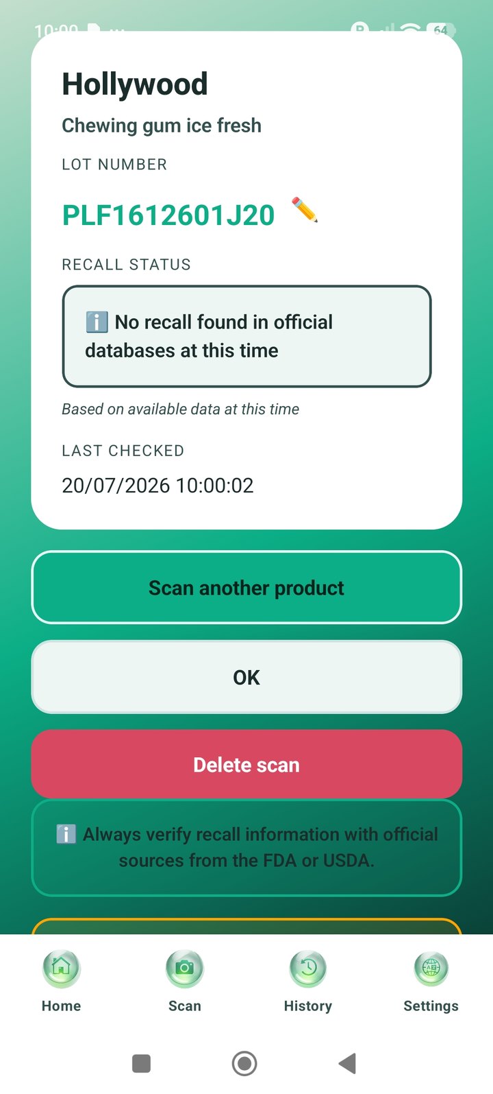 Result screen showing no recall found