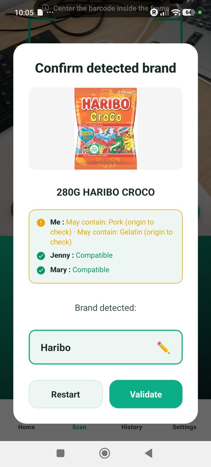 Detected brand with a per-profile dietary check